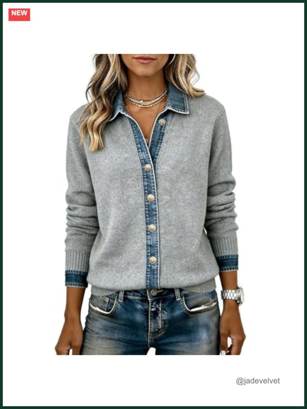 Womens Denim Cardigan Patchwork Cropped Knit Shacket Button V-Neck